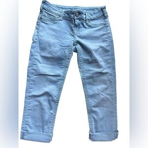Bootlegger cropped jeans, faded denim, sz 26, zip/button front, low rise